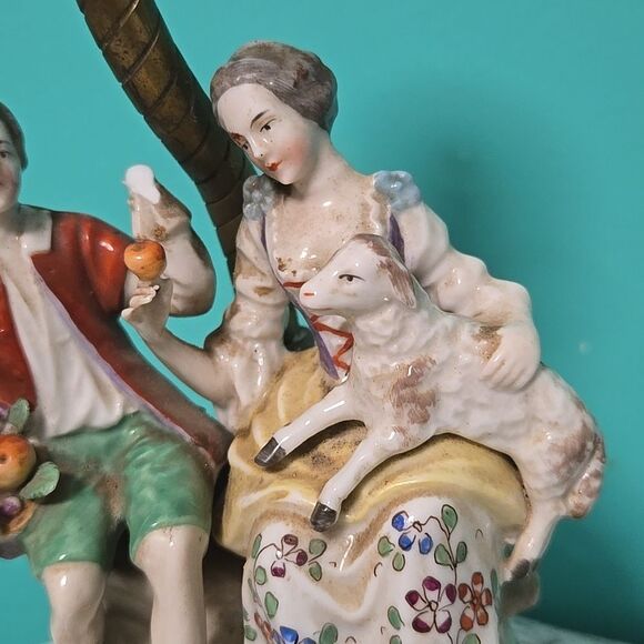 Antique Victorian Porcelain Lamp Courting Couple Sheep Grapes Boudoir Brass - Picture 5 of 11